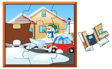 Parçalı bulmaca oyun kardan adam ve sokakta araba ile