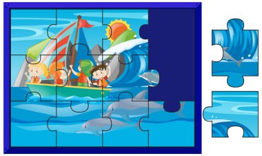 Jigsaw puzzle parçaları yelken çocuk