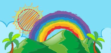 Gökkuşağı ile sahne dağın üstünden doodle