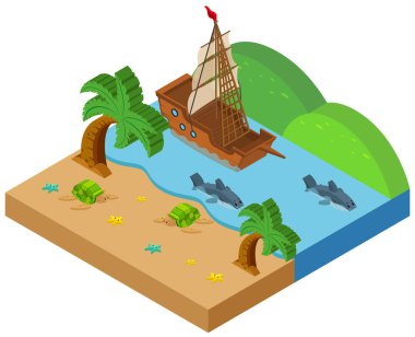 gemi ve hayvanlar ile plaj sahnesi için 3D tasarım
