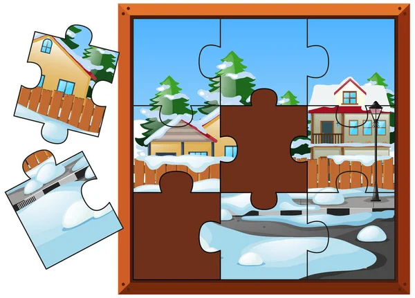 Puzzelspel met huizen in de winter — Stockvector