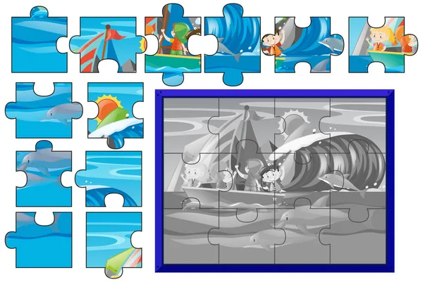 Gry puzzle układanki z dzieci pływających na morzu — Wektor stockowy