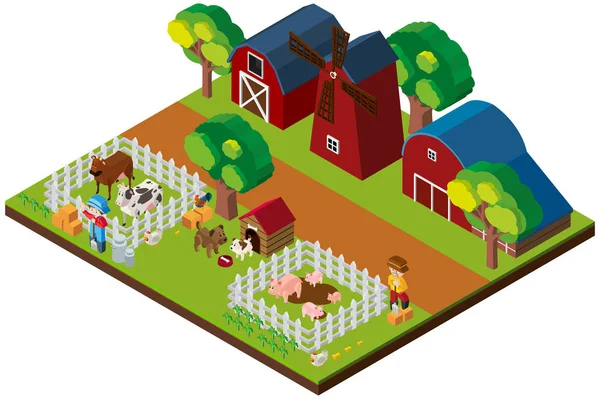 Diseño 3D para la escena de granja con animales y graneros — Vector de stock