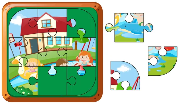Jigsaw puzzle parçaları Yüzme çocuklar — Stok Vektör