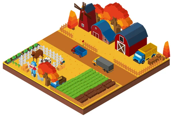Scène de ferme avec fermier et granges dans la conception 3D — Image vectorielle