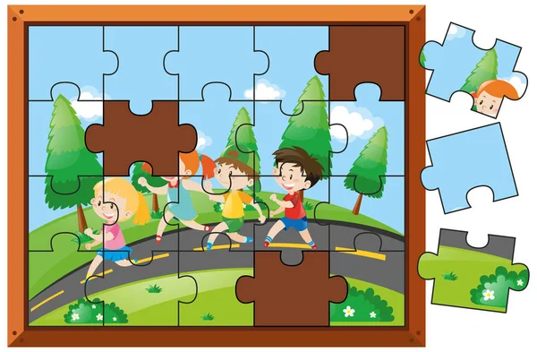 公園を歩いて子供とパズルをジグソー パズル ゲーム — ストックベクタ