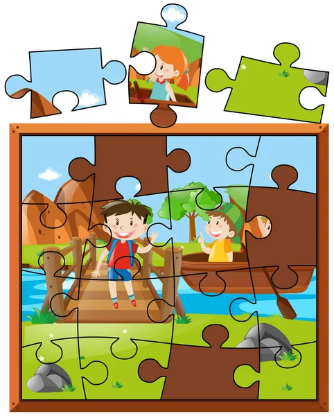 Jeu de puzzle avec des enfants au parc — Image vectorielle