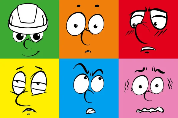 Facial expressions on six color backgrounds — Stock Vector