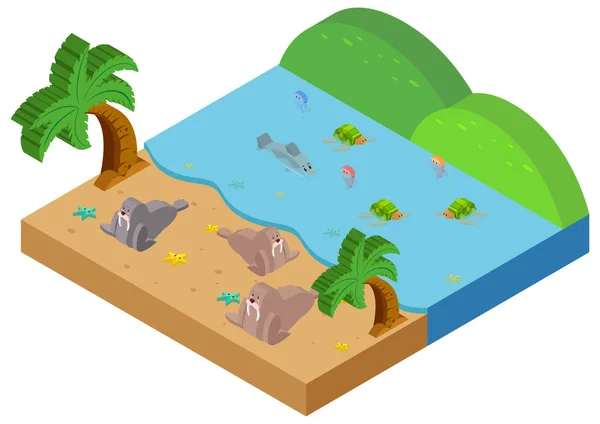 Diseño 3D para la escena oceánica con animales marinos — Vector de stock