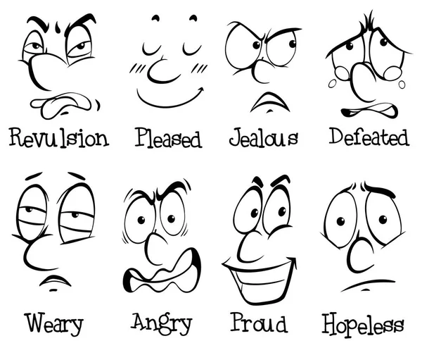 Delapan ekspresi wajah yang berbeda dengan kata-kata - Stok Vektor