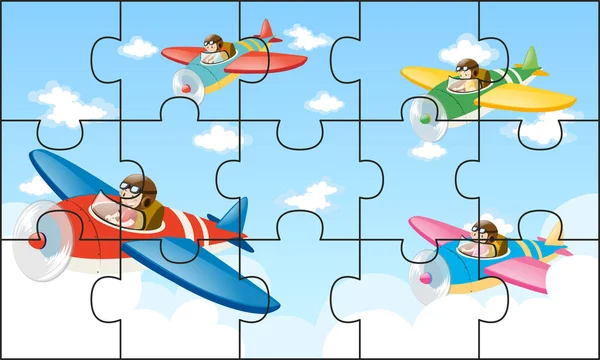 Puzzelspel met kinderen vliegen vliegtuigen — Stockvector