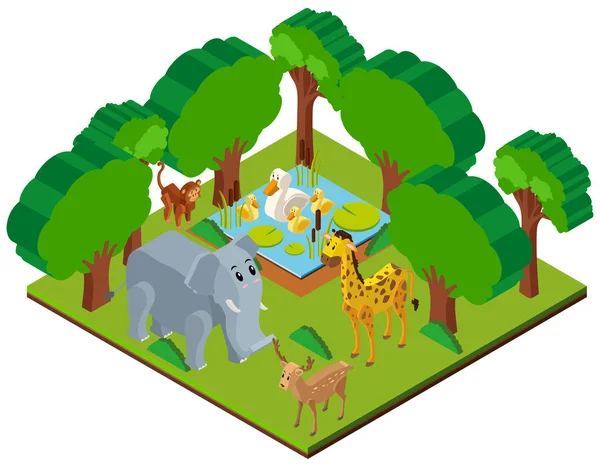 Design 3D para cena florestal com animais selvagens —  Vetores de Stock