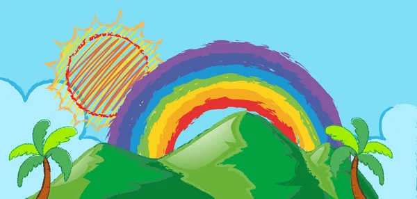 Doodle escena con arco iris sobre la montaña — Archivo Imágenes Vectoriales