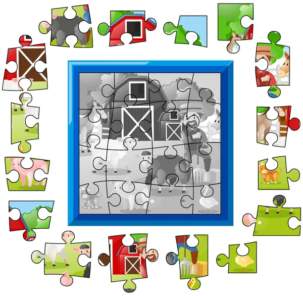 Puzzle-Spiel mit Landwirt und Tieren — Stockvektor