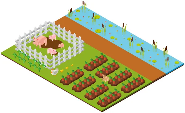 Diseño 3D para escena de jardín con cerdos y zanahorias — Archivo Imágenes Vectoriales