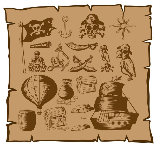 Pirate symbols and other elements on map