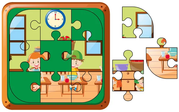 Jeu de puzzle avec des enfants mangeant — Image vectorielle