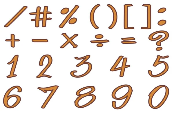 Lettertype ontwerp voor getallen en tekenen in bruine kleur — Stockvector