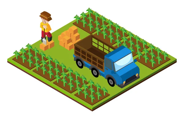 Conception 3D pour agriculteur et camion sur la ferme — Image vectorielle