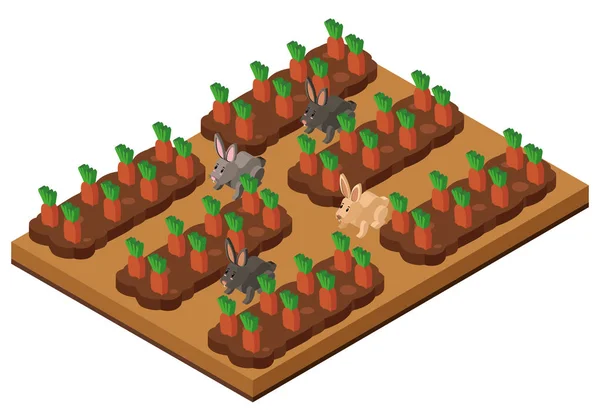 Conception 3D pour jardin de carottes avec des lapins — Image vectorielle