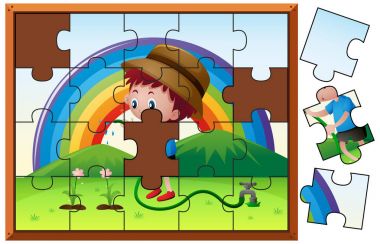 Çiçek sulama çocukla jigsaw puzzle oyunu