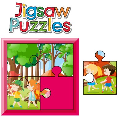 Jigsaw parçaları ormanda kamp çocuk