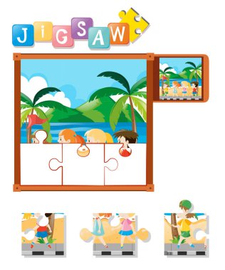 Jigsaw puzzle parçaları çocuk sahilde