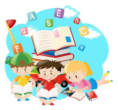 Üç çocuk kitap okuma