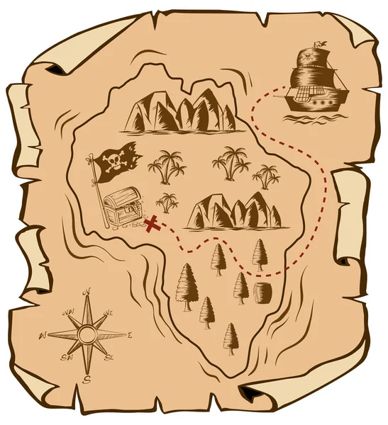 Mapa do tesouro com navio navegando para a ilha — Vetor de Stock