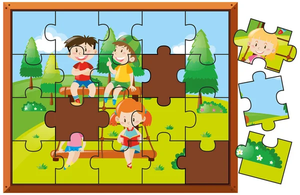 Jigsaw juego de puzzle con niños en el parque — Archivo Imágenes Vectoriales