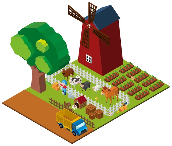 Conception 3D pour les terres agricoles avec des agriculteurs et des animaux — Image vectorielle