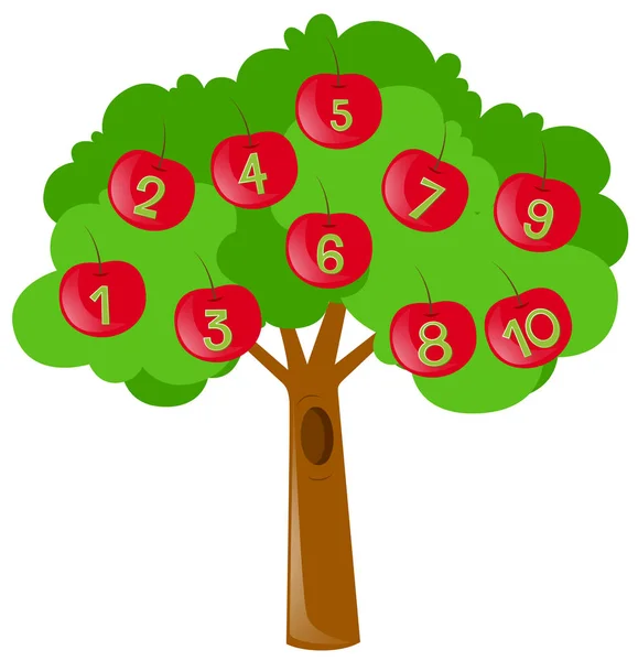 Zahlen zählen mit roten Äpfeln am Baum — Stockvektor