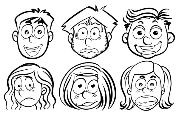 Six visages avec des émotions différentes — Image vectorielle