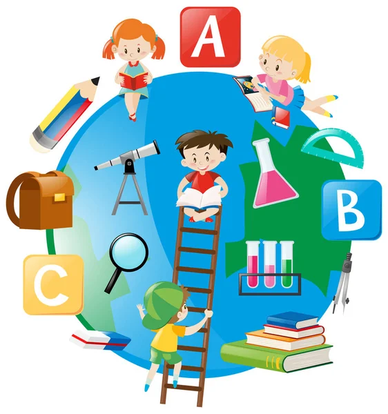 Four students climbing up the ladder on earth — Stock Vector