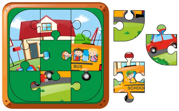 Jeu de puzzle avec des enfants sur le bus scolaire — Image vectorielle