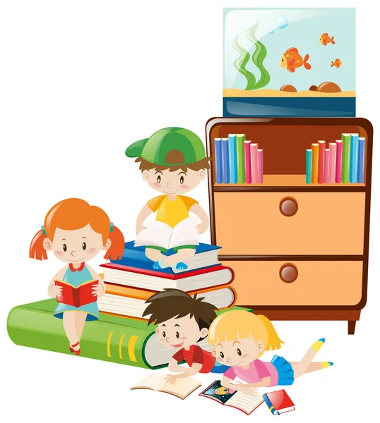 Niños leyendo libros en la habitación — Vector de stock