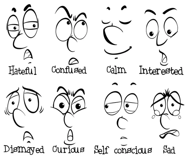 Acht menschliche Gesichter mit unterschiedlichen Emotionen — Stockvektor