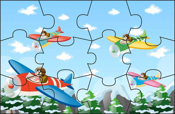 Puzzelspel met piloten vliegen jet — Stockvector