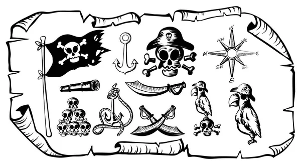 Carte au trésor avec de nombreux symboles pirates — Image vectorielle