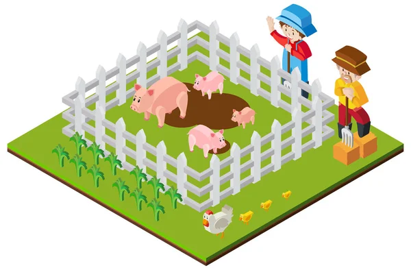 为农民和猪在农场中的 3d 设计 — 图库矢量图片