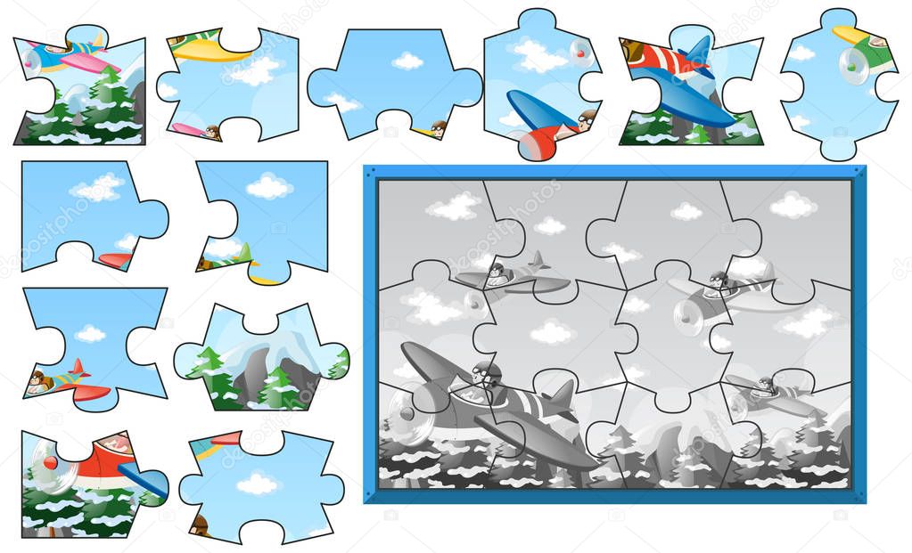 Jigsaw pieces of airplanes in sky