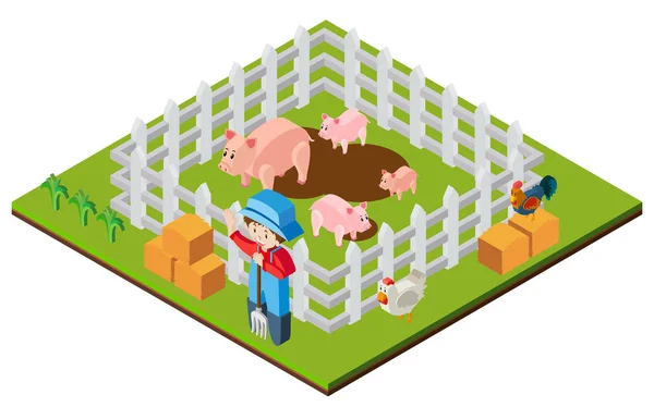 Agriculteur et porcs dans la conception 3D — Image vectorielle