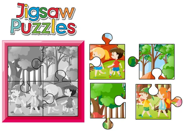 Puzzle game con i bambini campeggio fuori — Vettoriale Stock