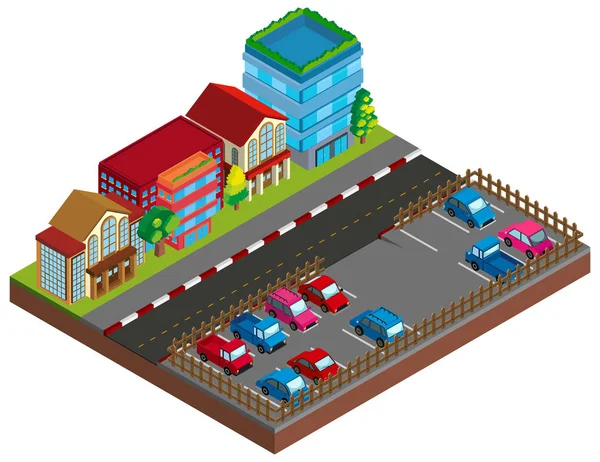 Stad scen med byggnader och carpark i 3d design — Stock vektor