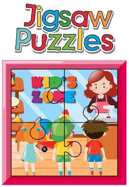 Hry, puzzle hry šablona s dětmi v obchodě — Stockový vektor