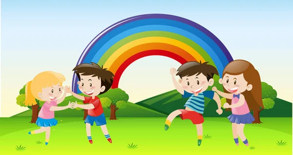 Niños felices bailando en el parque — Vector de stock