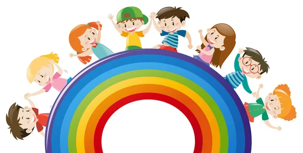 Счастливые дети на цветной радуге — стоковый вектор