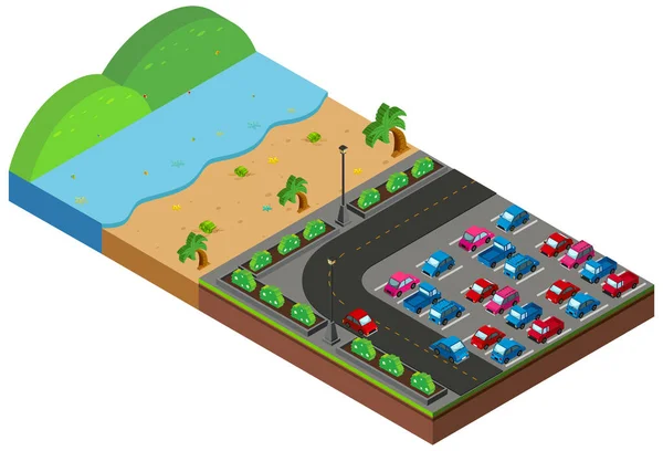 Scena di spiaggia con parcheggio in progettazione 3D — Vettoriale Stock