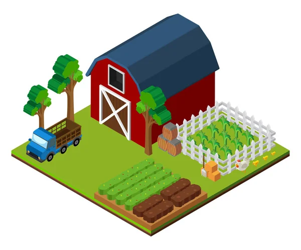 Farm scene with barn and crops in 3D design — Stock Vector
