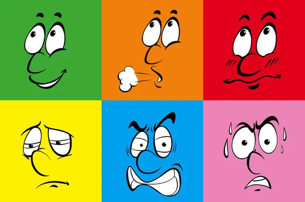 Enam emosi yang berbeda pada latar belakang warna - Stok Vektor